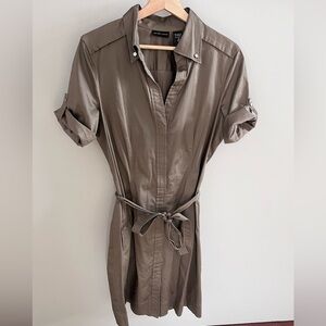 New York & Company Taupe Belted Shirt Dress Roll-Tab Sleeve Size 12